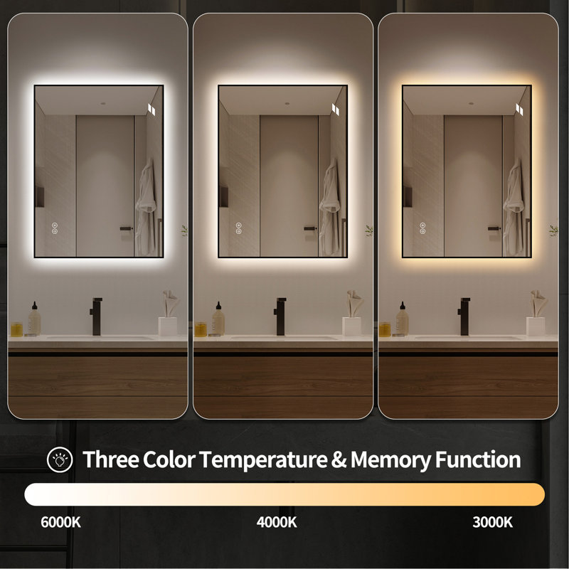 24" x 32" LED Bathroom Mirror, Aluminum Frame Backlit Vanity Mirror, Anti-Fog, Dimmable & 3 Colour Temperature, Memory Function, Wall Mounted (Horizontal/Vertical)