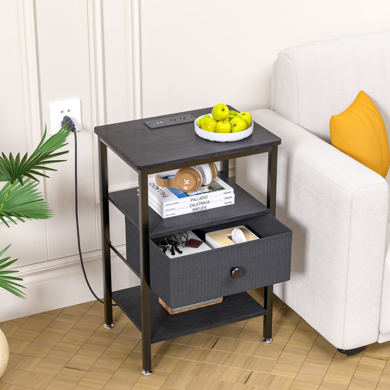 Nightstand With Charging Station And USB Ports, Night Stand With Fabric Drawer, 3-Tier Storage End Table For Small Spaces