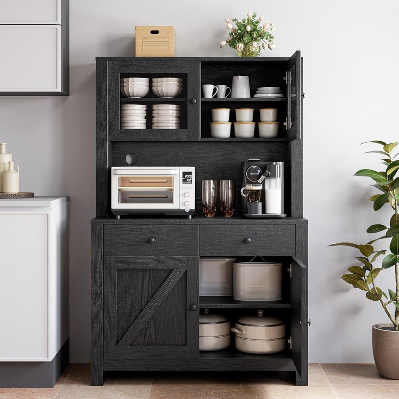 Armoire de cuisine spacieuse avec support pour micro-ondes, tablettes réglables et portes en verre, Black