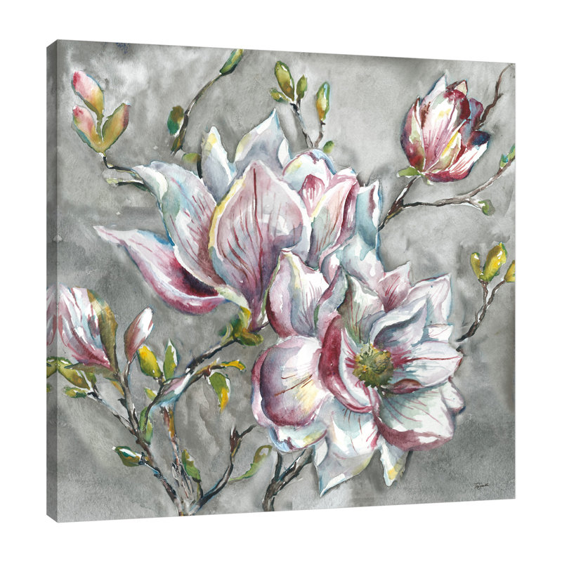 «Magnolia on Light Grey 2» par Tre Sorelle Studios - reproduction d'art sur toile, H 12 po x l 12 po