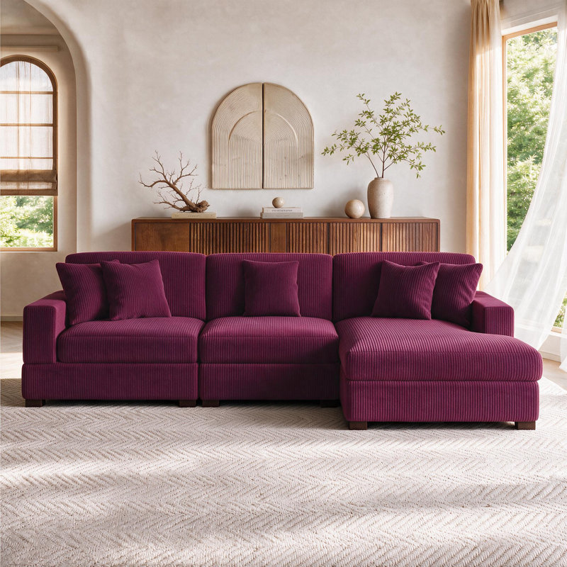 Canapé modulaire rembourré 3 pièces en velours côtelé, Velours côtelé violet, Orienté à droite