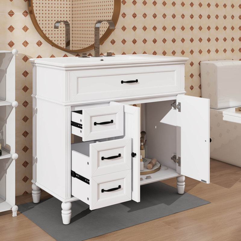 Meuble-lavabo élégant 36 po avec lavabo et tiroirs à l'intérieur de l'armoire, Blanc