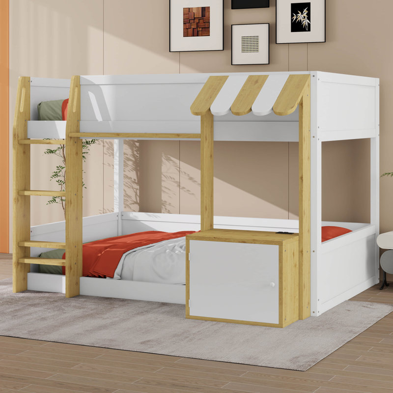 Lit superposé avec bureau intégré, ports USB et de rangement, structure de lit superposé au sol en bois massif avec échelle, finition bicolore