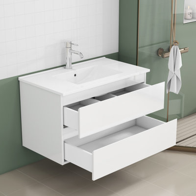 Meuble-lavabo 31,5 po avec lavabo et commode blanc brillant avec 2 tiroirs à fermeture en douceur