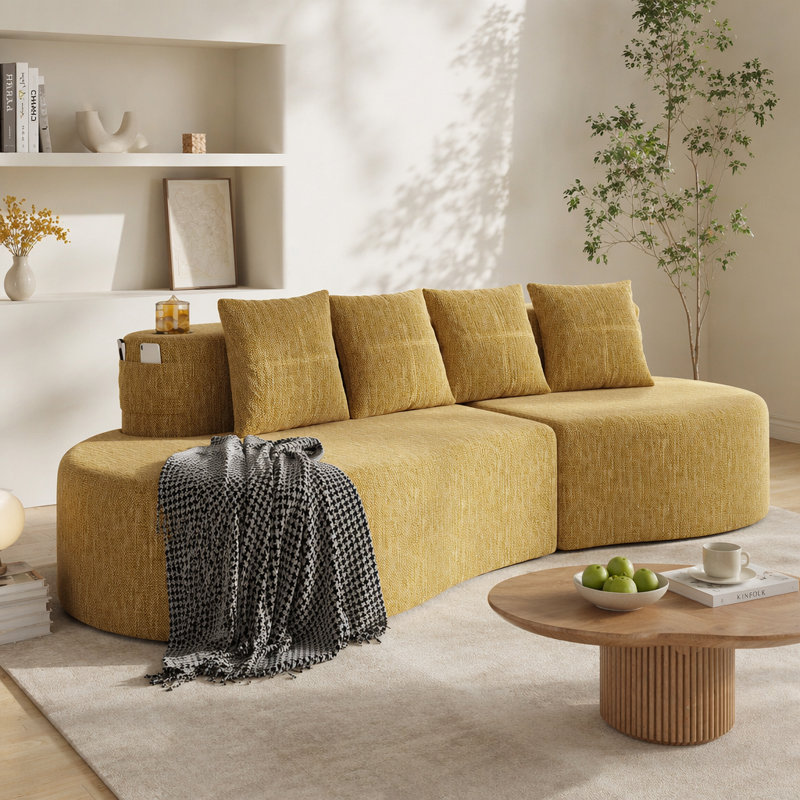 Canapé modulaire incurvé moderne 3 places, Chenille jaune, Jaune
