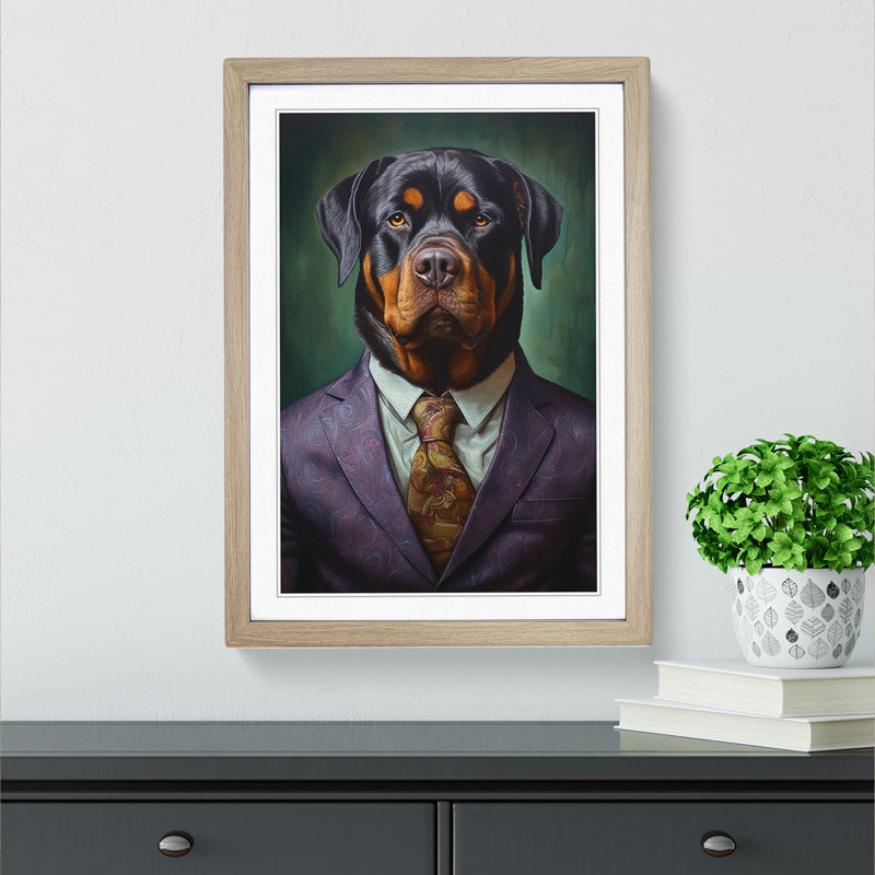 Rottweiler in a Suit Painting - Framed Print, 46cm H x 34cm W x 2cm D, Oak Framed