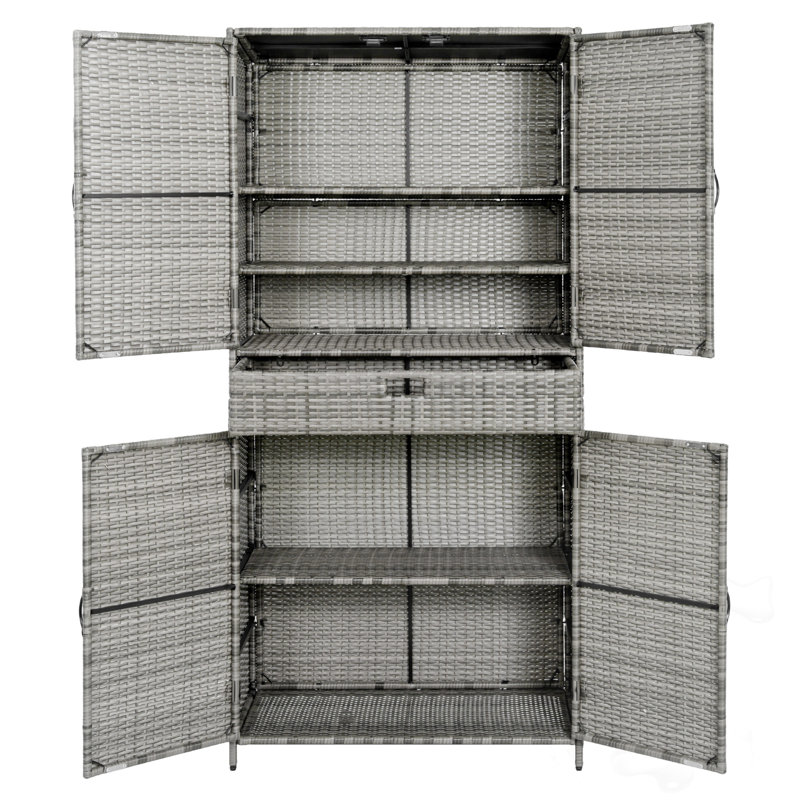 Grande armoire de rangement à 4 portes en osier avec tiroir et tablettes réglables, Gris