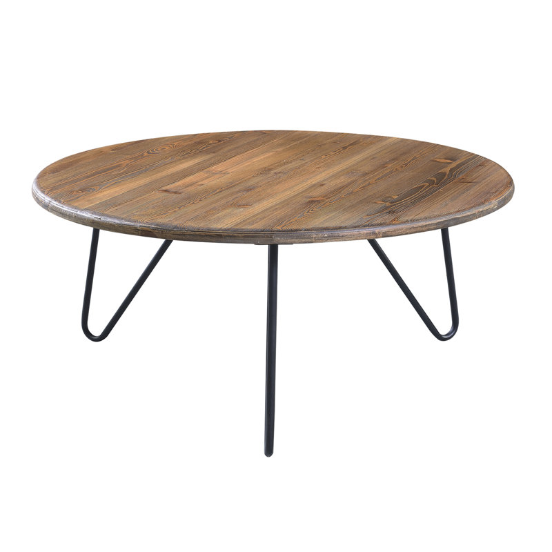 Bryant Round Aged Pine Coffee Table with Black Metal Hairpin Legs