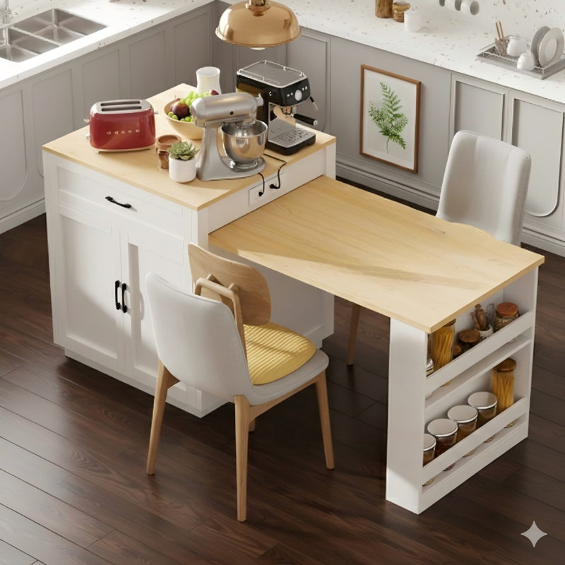 82.7-Inch Kitchen Island with Extendable Dining Table for 4-6 People, Two-Tone Finish, Kitchen Table with Double-Size Storage, Integrated Power Outlet, 2 Drawers, and 2 Exposed Side Shelves – White Finish
