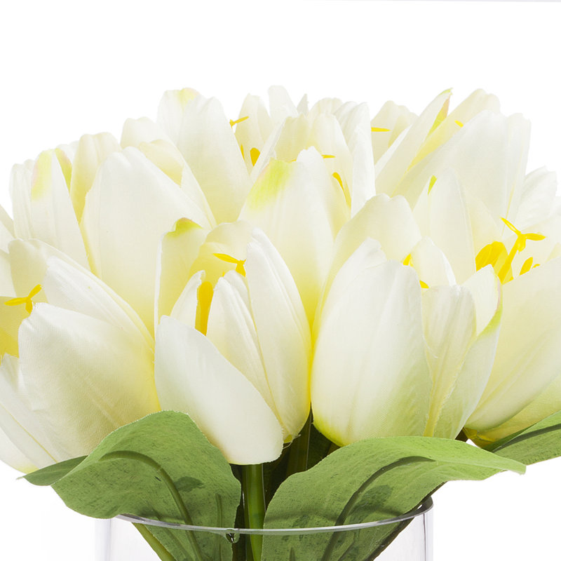 Arrangement floral 18 tulipes en soie dans un vase, Crème