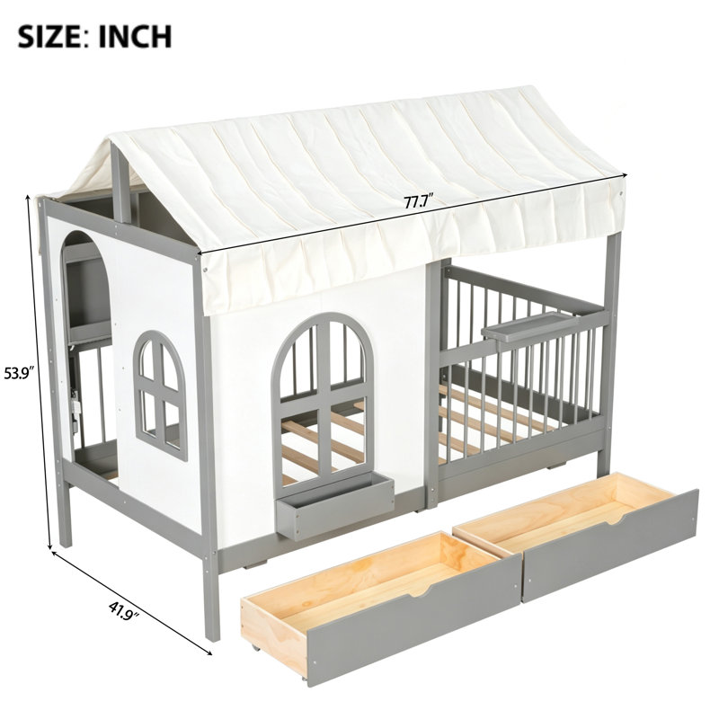 Structure de lit simple avec 2 grands tiroirs de rangement, bibliothèque latérale et bande à DEL, lit pour enfant, gris