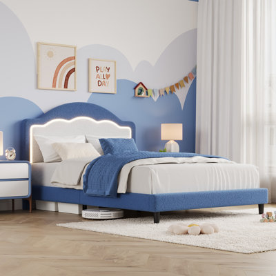 Bed Frame with LED Headboard, Plush Sherpa Fabric Upholstery, Slat Support (No Box Spring Needed)
