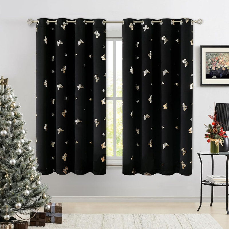 Rideaux occultants noirs à motif de papillons dorés 52" x 54"