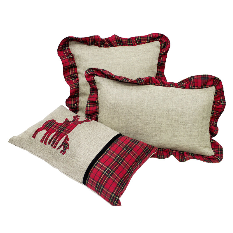 17" Beige and Red Plaid Ruffle Border Throw Pillow