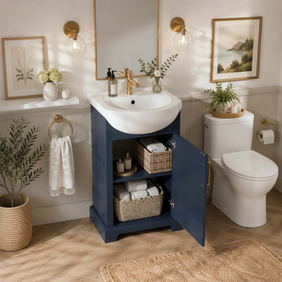 Meuble-lavabo autoportant de 20 po avec porte à fermeture douce, cuve en céramique bombée et style français en bleu