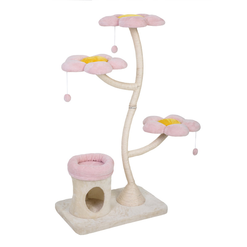 Tour à chat multi-niveaux à thème floral pour chats d'intérieur, comprenant un arbre beige rose, un noyau suspendu et une tige stable avec base stable, 3 plateformes, tubes métalliques enveloppés
