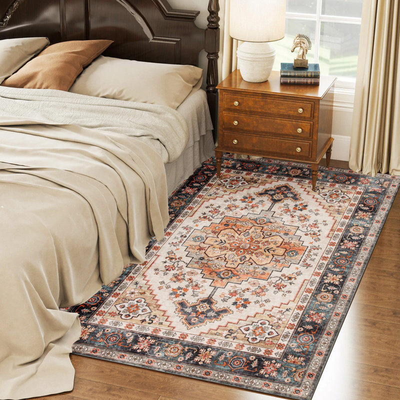 4x6 Ft Machine Washable Rug, Bohemian Medallion Distressed Area Carpet, Indoor Decor For Living Room Bedroom Family Room