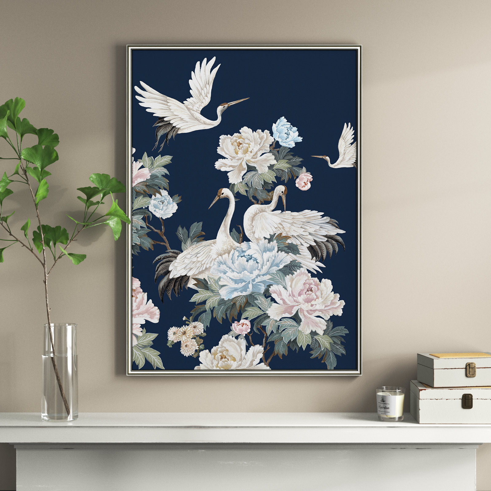 Danbury "Pearly White Cranes II" Painting, 42.75" H x 30.75" W x 0.88" D, Silver