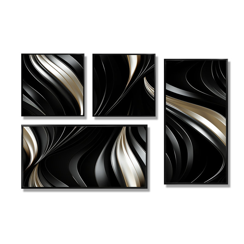 Hockett - Glam, décoration murale moderne 4 pièces, Noir, Reproduction encadrée sans passe-partout