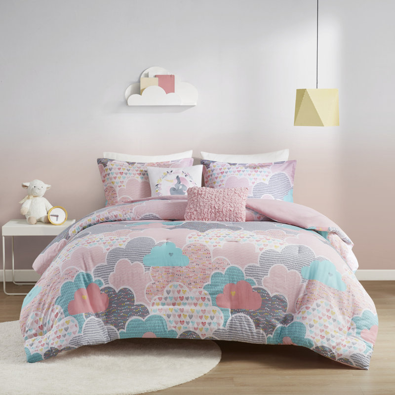 Cloud Cotton Printed Duvet Cover Set, Full Duvet Cover+2 Standard Shams+2 Throw Pillows, Pink