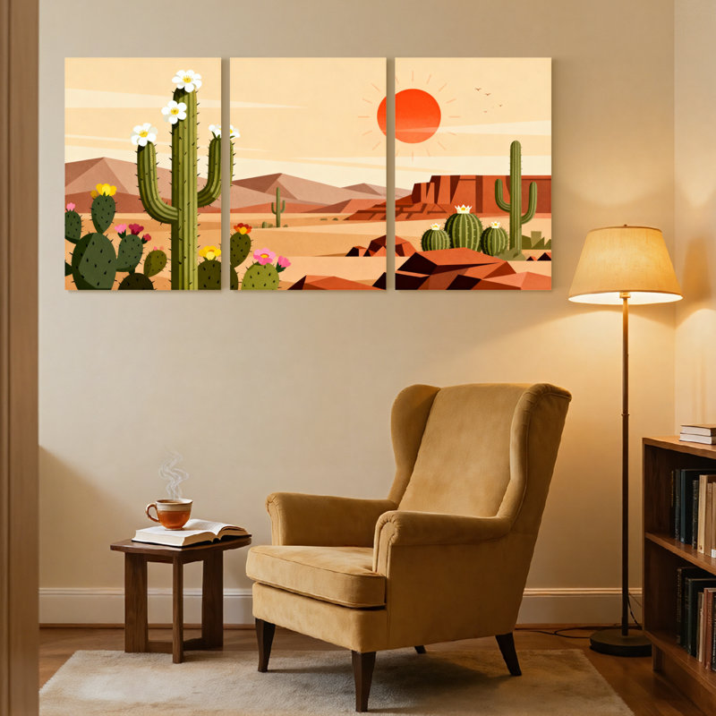 «Landscape & Nature Desert Landscape with Cactus and Sunset», ensemble de 3 impressions sur toile, H 36 po x l 72 po