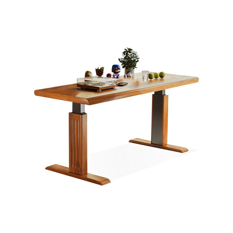 Brown + Black Rectangular Hight adjustable Solid Wood + Carbon Steel desk, 50.39" H x 55.12" W x 27.56" D