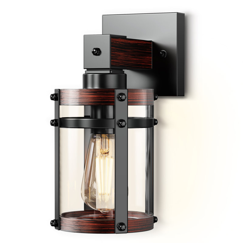 12,8 po Applique murale à bras 1 lumière imitation grain de bois avec abat-jour en verre transparent