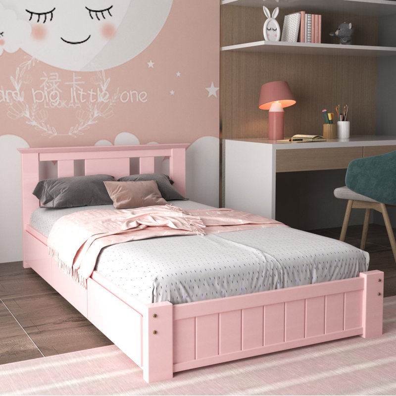 Storage Wooden Bed with 3 Drawers , Pink, 3FT Single