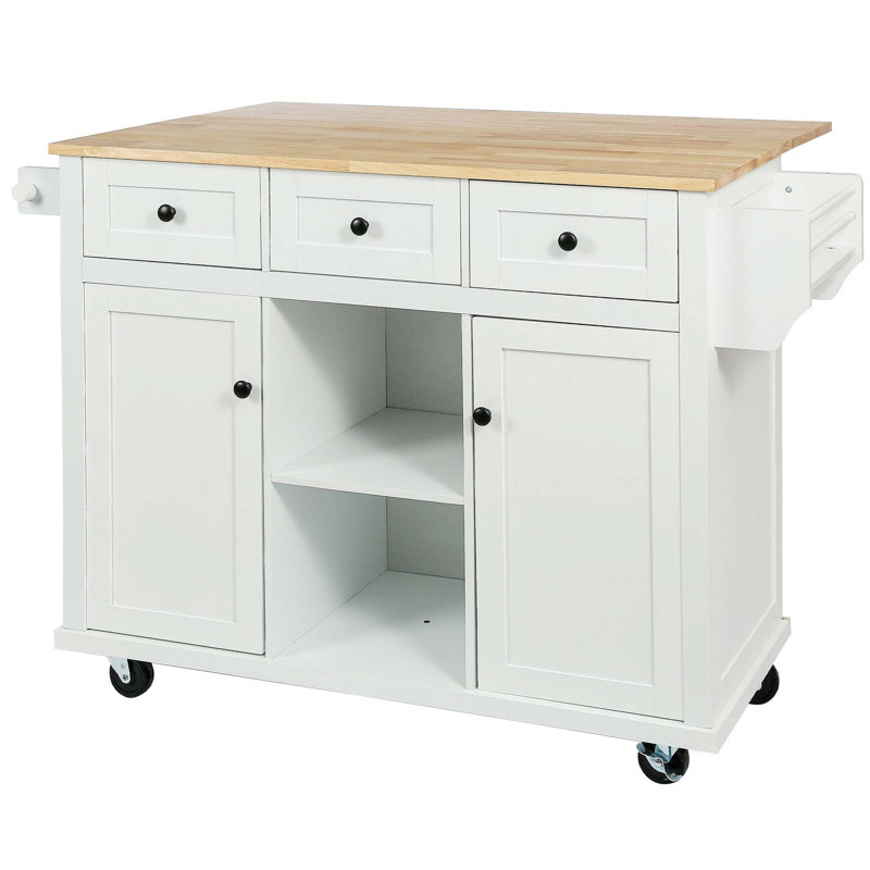 Kitchen Cart With Rubber Wood Drop-Leaf Countertop, Storage Cabinet, 3 Drawers & 5 Wheels, Perfect For Additional Prep Space And Organization