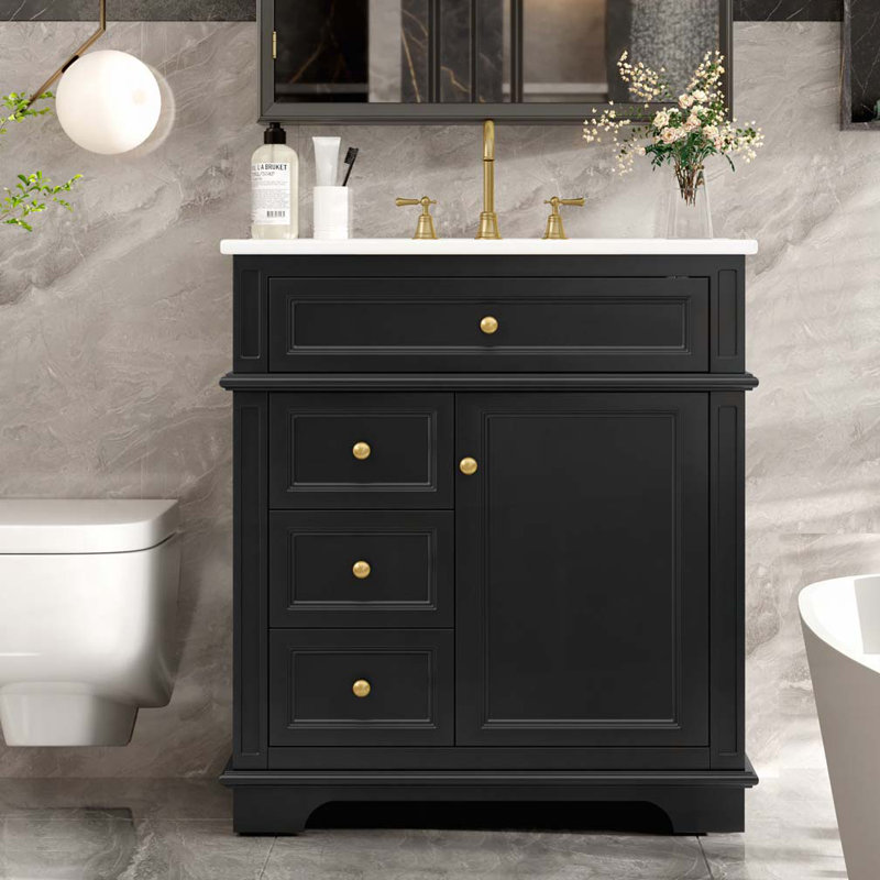 Meuble-lavabo 30 po avec lavabo en céramique, 3 tiroirs, tablette de porte, porte à fermeture douce, Noir