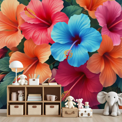 Peel and Stick Wallpaper Vibrant Tropical Hibiscus Flower Colorful Leaves Wall Murals 69"H x 96"W Removable PVC Wall Paper Self-Adhesive Wall Decor for Bedroom Living Room Home Office