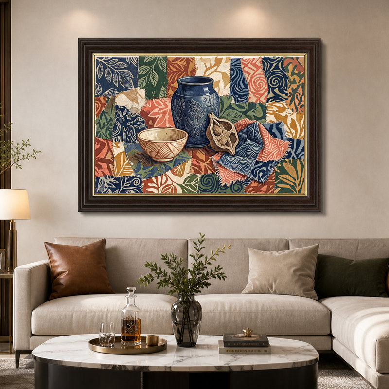 «Blue Vase» bol et graine sur fond de patchwork, art mural sur toile, 12"H x 18"W