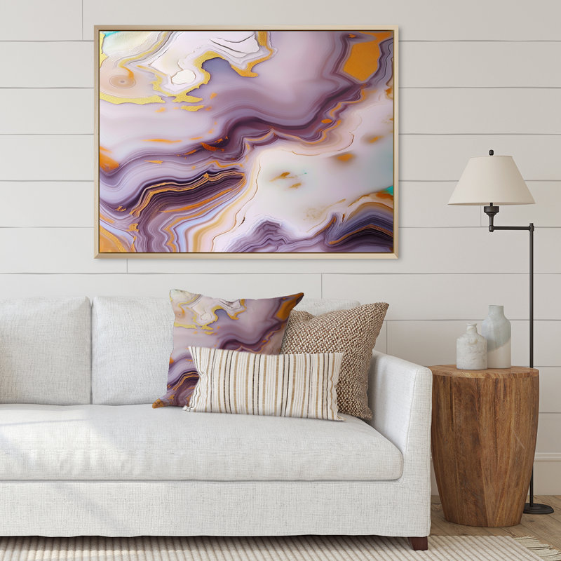 Art liquide sur toile, agate mauve et blanche sur toile, H 40 po x l 30 po, Cadre naturel flottant