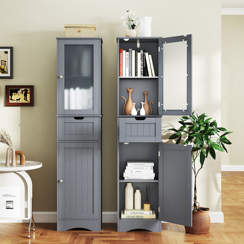 Tall Bathroom Storage Cabinet, Narrow Slim Linen Tower, Freestanding Floor Cabinet, Gray