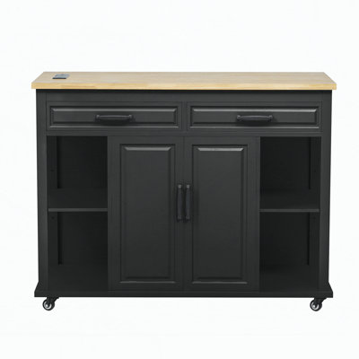 47 inch Kitchen Island with Extendable Dining Table, Rubber Wood Veneer Kitchen Table with Internal Storage Rack, Power Outlet, Kitchen island with Storage 2 Drawers 2 Cabinet