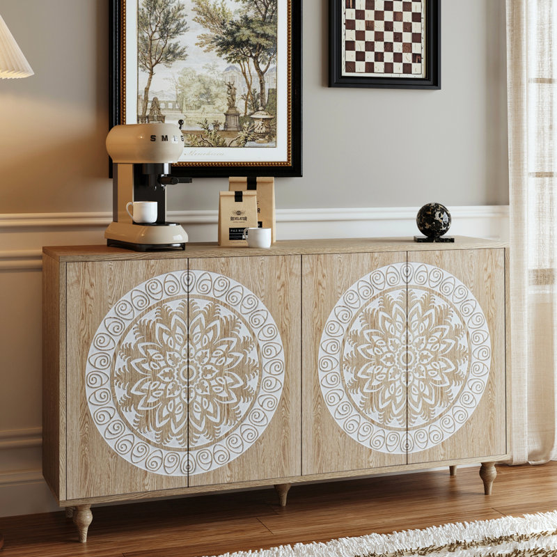 Buffet 60 po à grain rétro sculpté Mandala, armoire 4 portes Boho, crédence de rangement Mid-Century à pieds surélevés pour vestibule, salle à manger et salon
