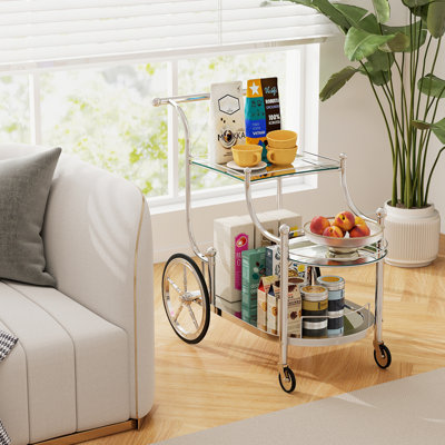 3-Tier Home Bar Serving Cart on Wheels w/ Mirrored Shelves for Kitchen by Mercer41