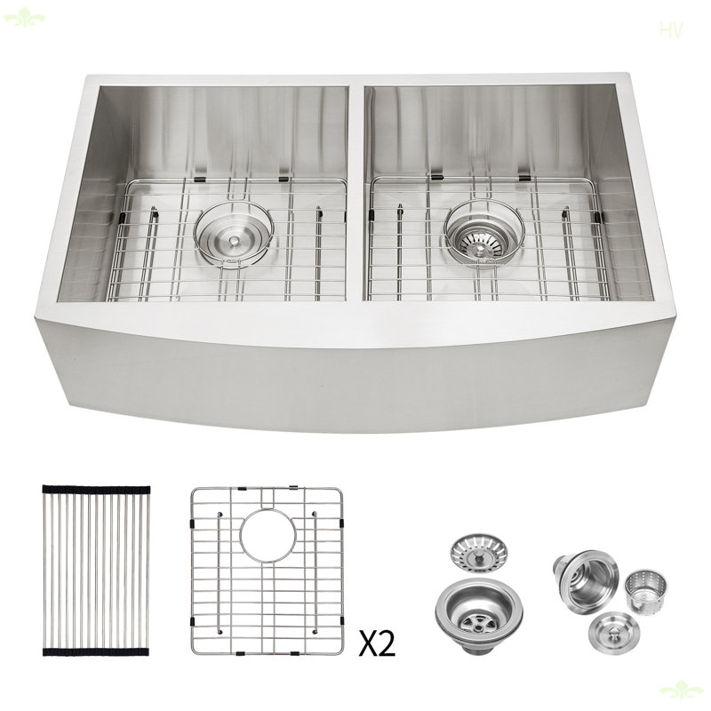 Évier de cuisine à double cuve (50/50) - 33 po x 20 po x 9 po en acier inoxydable avec tablier frontal en acier inoxydable de calibre 18 et deux cuves profondes de 9 po