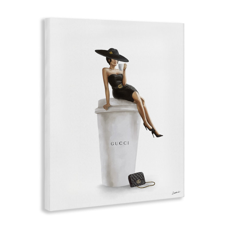 «Stylish Fashion Femelle Pose Coffee Designer Purse» par Daphne Polselli - impression d'art graphique, H 20 po x l 16 po