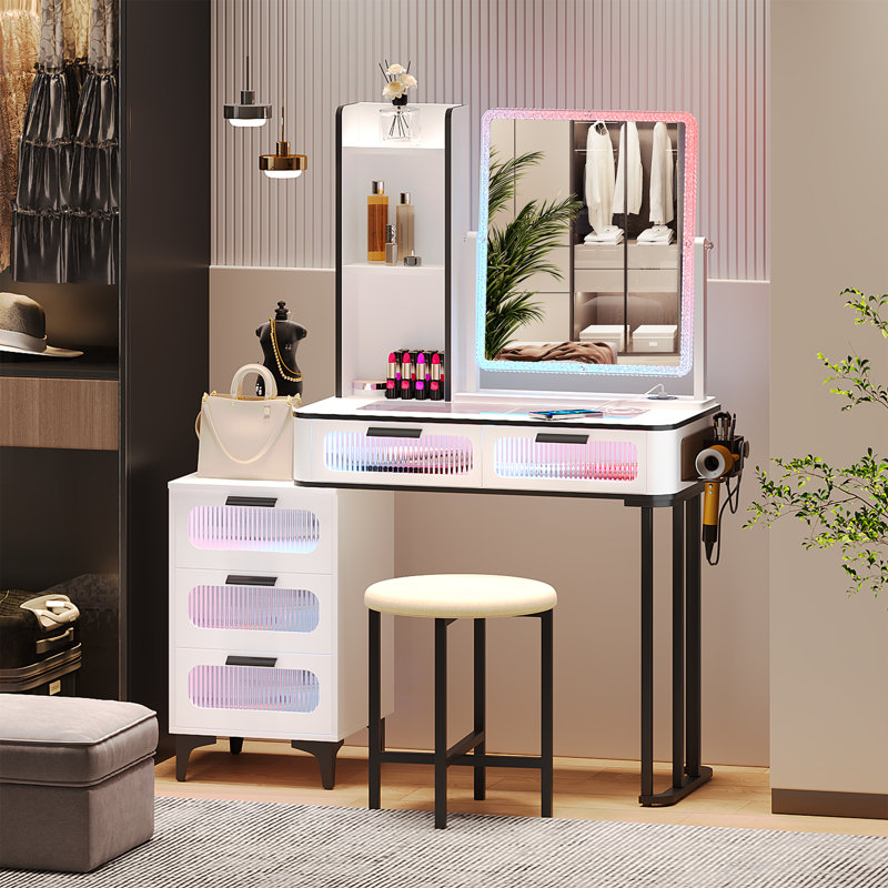 Coiffeuse avec lumière DEL Jahsun, Blanc / noir