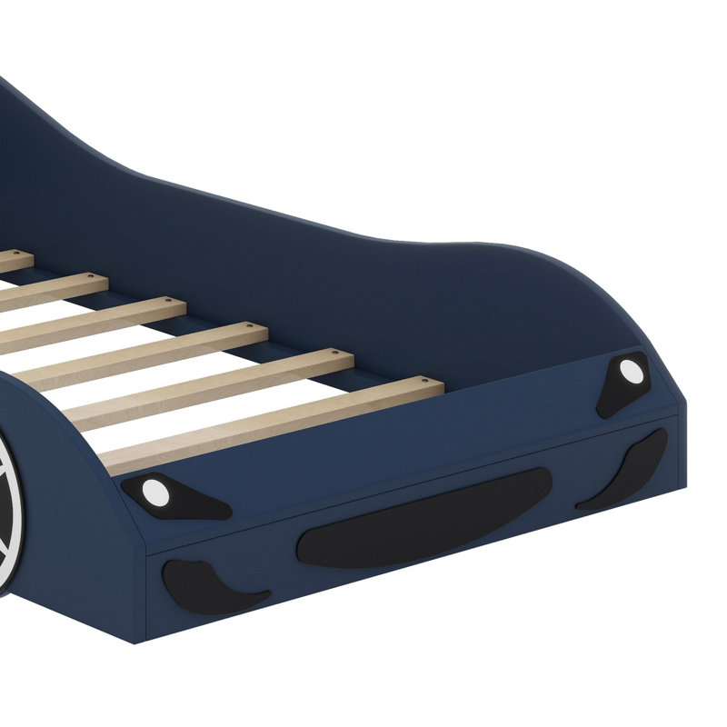 Lit plateforme en bois en forme de voiture avec dossier rembourré à DEL, Bleu
