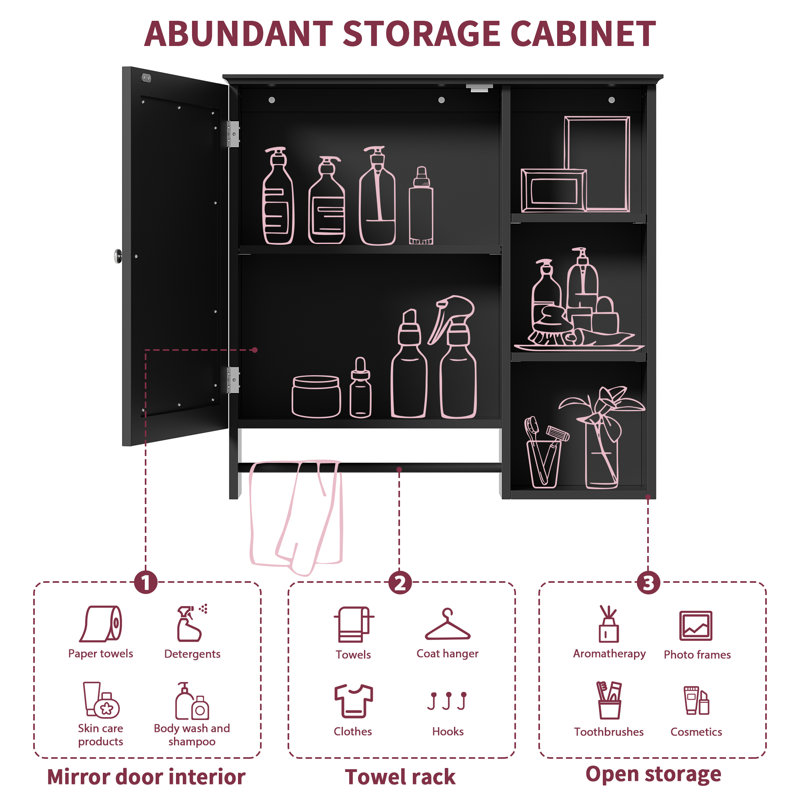 Armoire de toilette murale avec tablettes réglables, Noir