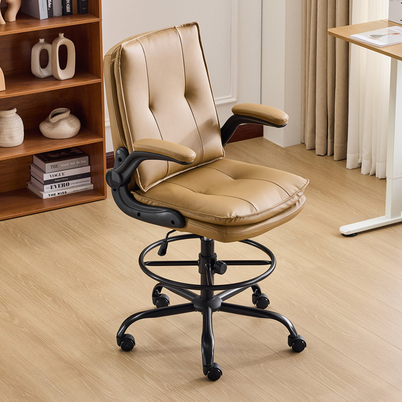 PU Tall Office Chair Drafting Chair With Adjustable Footrest Ring, Khaki