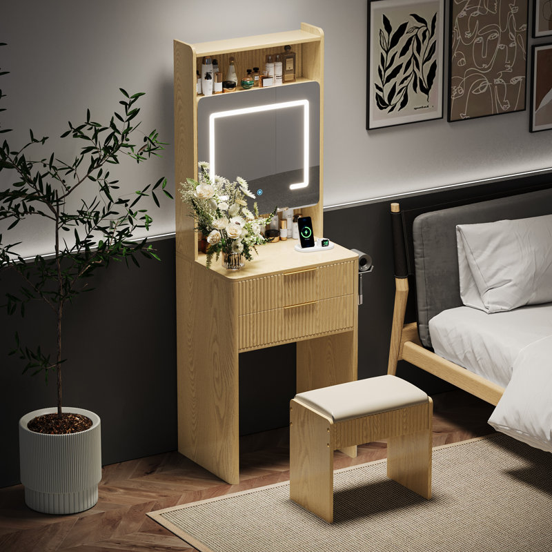 21" Makeup Vanity, With Two Sockets And Usb Port, A Large Mirror And Three Lighting Settings, Yellow