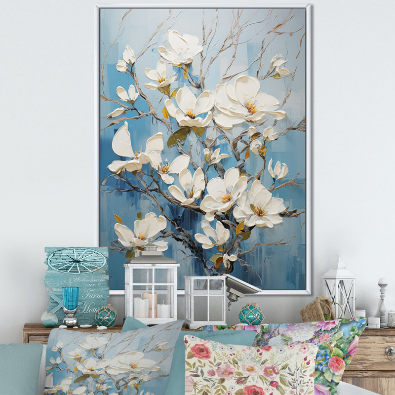 «Blue and White Magnolias Flowers Harmony IV» sur toile, Cadre flottant blanc, 44" H x 34" W