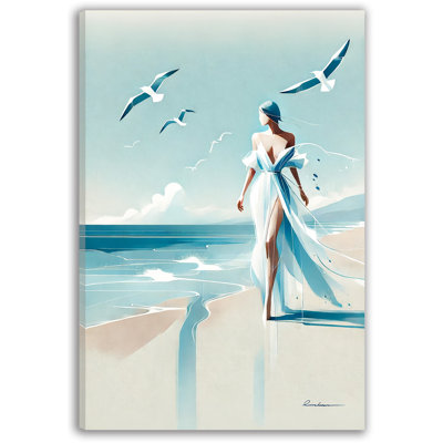 " Graceful Stroll: Elegant Lady In Blue Dress With Seagulls Beach Wall Art "