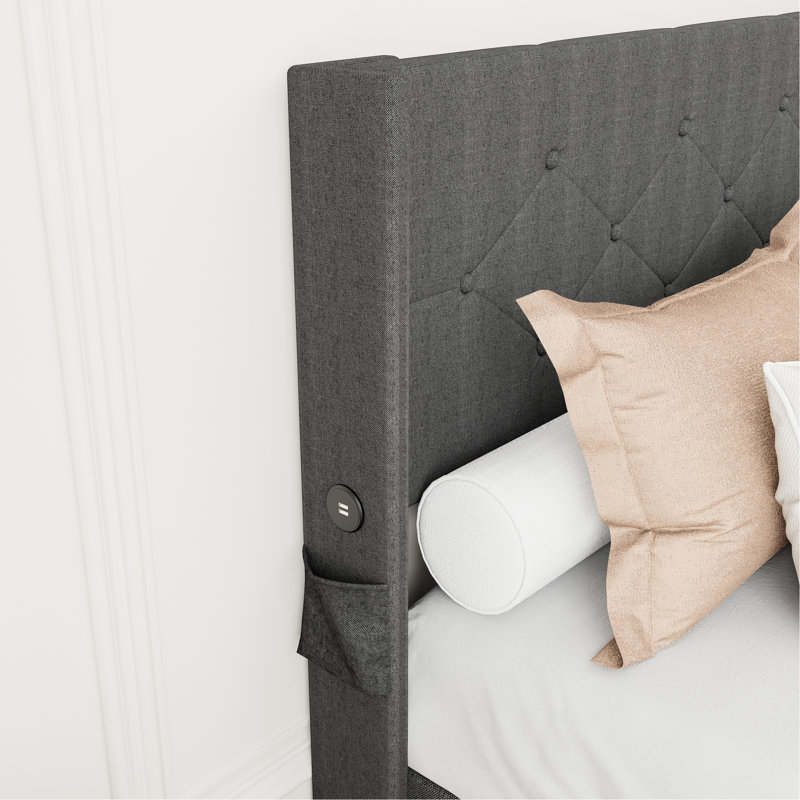 Contemporary Full Size Bed With Storage, Gas Lift Mechanism, Wingback Headboard, Ports, Dark Gray Fabric Upholstery Chic