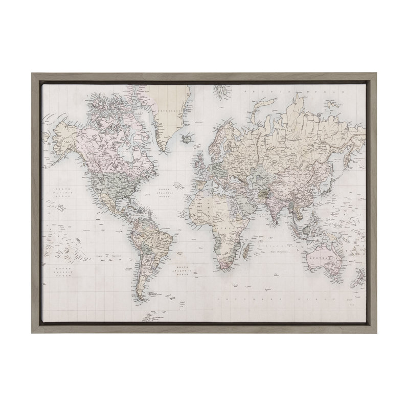«Vintage World Map» par The Creative Bunch Studio, reproduction d'art sur toile encadrée, 18 x 24, Gris