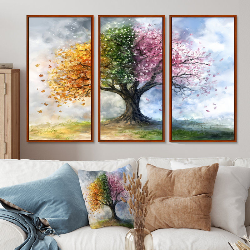 Arbre rose avec quatre saisons - ensemble d'art mural arbre de vie, Toile avec cadre flottant brun
