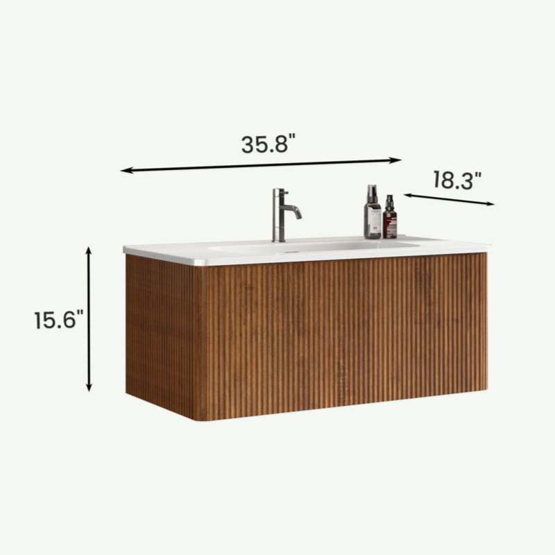 36W-305 Etna 36" Striped Walnut Bathroom Vanity With White Ceramic Sink, Wall Mounted Floating Bathroom Vanity For Modern Bathroom, Pre-Assembled